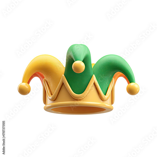 A colorful 3d rendered jester hat with traditional design on transparent background