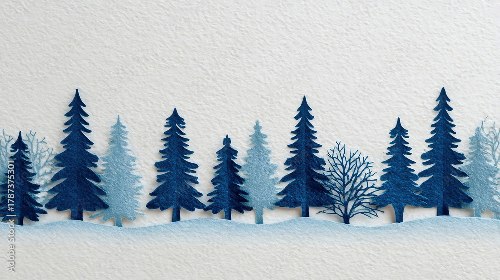 Naklejka premium White and blue paper cut fir trees standing in row in winter forest