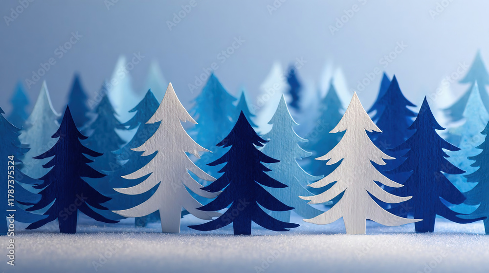 Obraz premium White and blue paper cut fir trees standing in row in winter forest