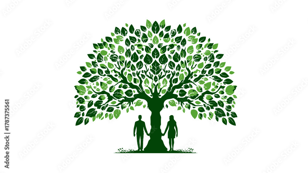 Obraz premium Green tree silhouette with a man and woman holding hands, representing life, nature, growth, family, and connection. Environmental concept.