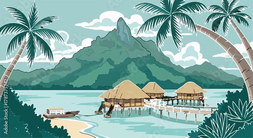 Exotic tropical resort illustration with overwater bungalows, palm trees, and mountain landscape