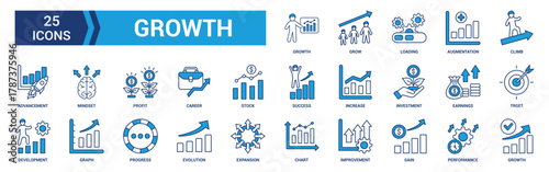 Growth icon set. Containing performance, gain, improvement, grow, chart, increase, evolution and development icons. Blue icon collection. Vector illustration.