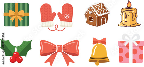 Christmas Icons Clipart Set (8 PNG) | Gift, Bow, Mittens, Bell, Holly, Candle & Gingerbread House