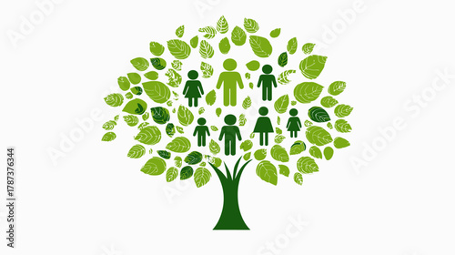 Vibrant Green Leaf Family Tree Illustration with People Figures, Symbolizing Genealogy, Heritage, Growth, and Connected Generations.