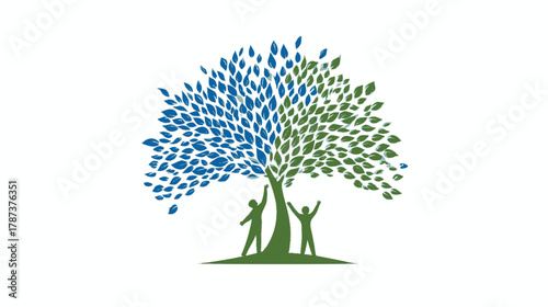 Abstract illustration of a vibrant two-tone tree with blue and green foliage and two people, symbolizing growth, community, nature, and environment.