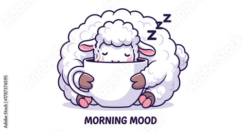Cute Sleepy Sheep Sleeping in a Coffee Mug - Morning Mood Concept