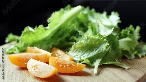 Close-up of tomatoes and lettuce on a wooden board on a black background. Concept of healthy eating and organic farm products. Slow motion 100 hp.