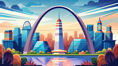 Very beautiful minimal vector skyline design of the St. Louis Gateway Arch, featuring clean lines, simple geometric shapes, and a modern elegant composition on a clear background.