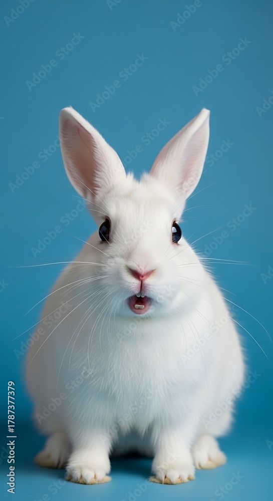 Obraz premium Adorable White Rabbit Portrait on Blue Background - A Study in Contrast.