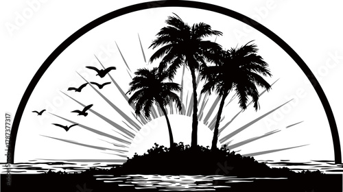 Tropical island paradise silhouette with palm trees, a setting sun, flying birds, and ocean waves. Vector illustration.