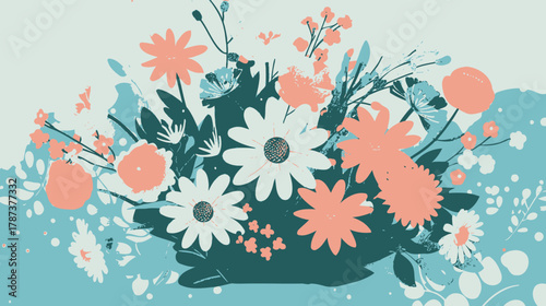 Elegant pastel floral bouquet illustration. Spring flower arrangement with blue, peach, and white blossoms. Decorative nature art.