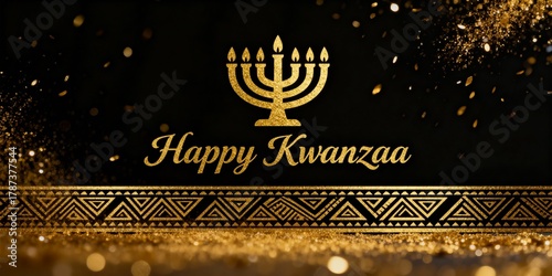 Happy Kwanzaa greeting with a golden Kinara on a black background. Festive holiday design with glitter and an African pattern. Cultural celebration concept