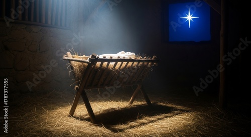Empty Manger in a Dark Stable Illuminated by a Single Ray of Light and the Star of Bethlehem