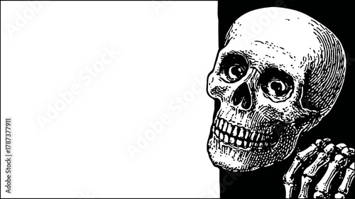 Vintage Engraved Human Skull and Skeleton Hand Peeking with Copy Space, Black and White Macabre Illustration