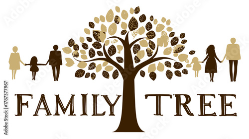 Stylized family tree illustration with interconnected generations and silhouettes representing relatives, ideal for genealogy and heritage concepts