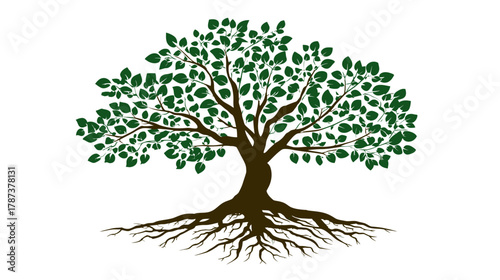 Vibrant green tree with strong roots illustration. Symbol of growth, nature, life, stability, and environmental protection.