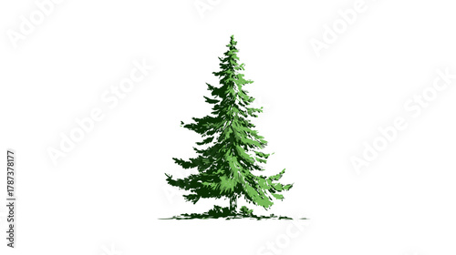 Detailed Green Pine Tree Illustration Isolated on White Background, Evergreen Coniferous Tree Graphic, Spruce or Fir Plant Drawing