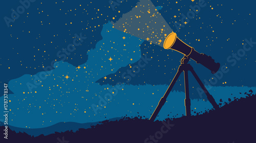 Illustration of a telescope on a dark hill, observing a beautiful, glittering starry night sky with cosmic wonder and exploration