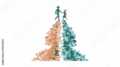Abstract digital art of two figures, possibly adult and child, holding hands on an ascending path of orange and teal particle mounds, symbolizing connection, guidance, and shared journey.