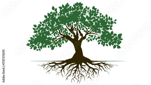 Green Tree with Deep Roots Vector Illustration Symbolizing Nature, Growth, Strength, and Sustainability