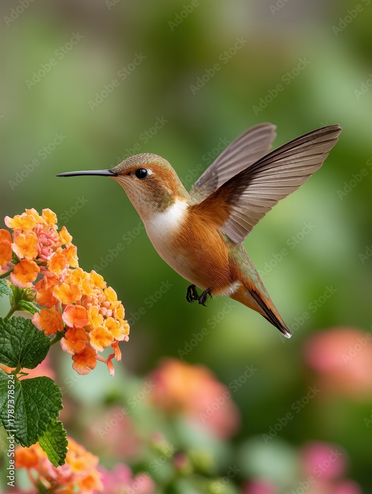 Naklejka premium A vibrant hummingbird hovers near bright orange flowers, showcasing nature's beauty in a lush garden setting. Ideal for wildlife and nature themes.