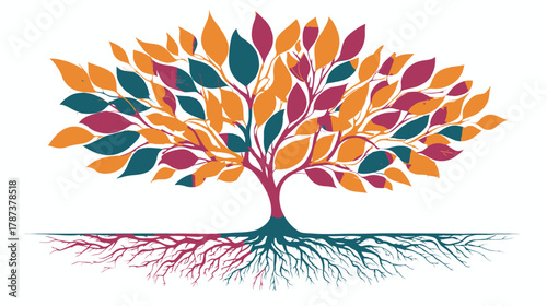 Vibrant stylized tree illustration with colorful leaves and intricate roots, symbolizing growth, family, life, and natural connection.