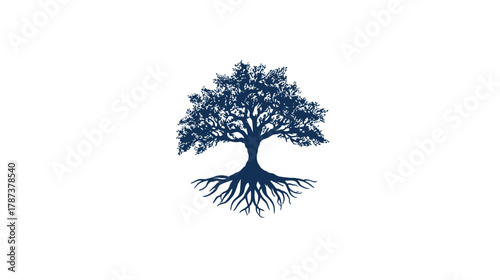 Detailed tree silhouette illustration with intricate roots and a full canopy, symbolizing nature, growth, strength, and life.