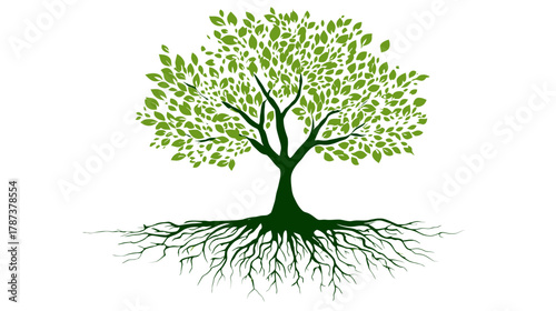 Vibrant Green Tree with Deep Roots Illustration. Concept of Nature, Growth, Life, Foundation, and Environment.