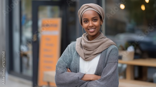 Fototapeta Naklejka Na Ścianę i Meble -  Refugee entrepreneur proudly standing in front of a small local business with a welcoming sign, representing economic empowerment, new beginnings, and self-reliance after resettlement. cinematic