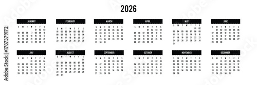 Calendar Planner 2026 in English language. Week start Sundey, corporate design planner template. Sunday to Monday, business template. Vector illustration . 
