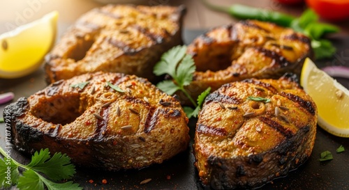 Fototapeta Naklejka Na Ścianę i Meble -  Grilled Fish Steaks with Lemon and Herbs - A Culinary Delight.