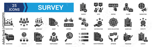 Survey icon set. Containing feedback, opinion, questionnaire, poll, research, data collection, review and satisfaction icons. Glyph icon collection. Vector illustration.