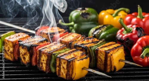 Fototapeta Naklejka Na Ścianę i Meble -  Grilled Vegetable Skewers with Tofu and Bell Peppers.