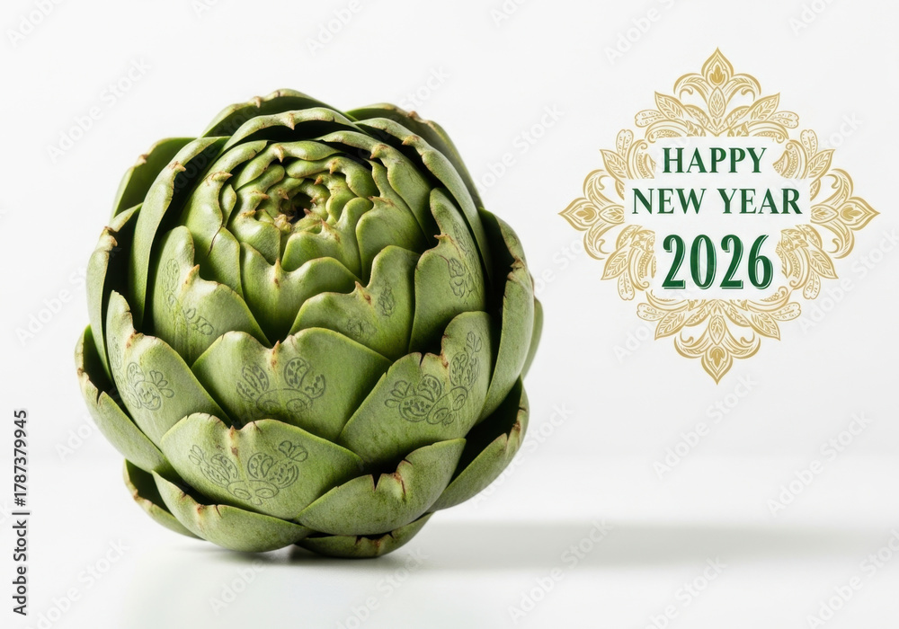 Fototapeta premium Elegant New Year 2026 Graphic Design with Artichoke on White Surface