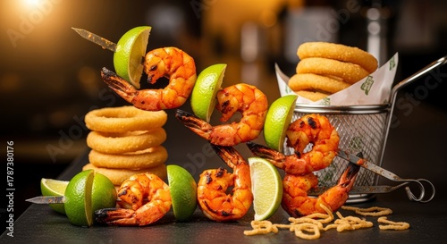 Fototapeta Naklejka Na Ścianę i Meble -  Grilled Shrimp Skewers with Lime and Onion Rings.