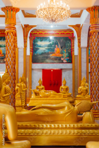 Golden reclining Gautama Buddha statues Wat Chalong temple, Phuket