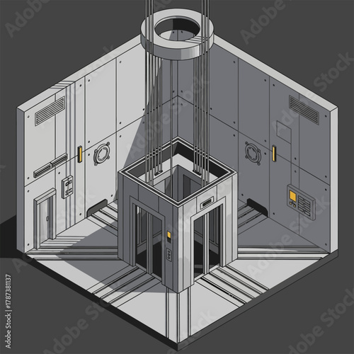 Isometric digital illustration of a futuristic science fiction elevator.