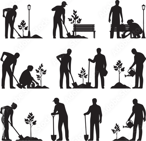 Diverse people planting trees and gardening celebrating international volunteer day in silhouette