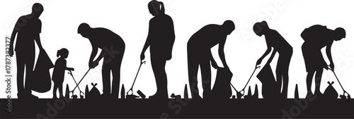 People volunteering for environmental cleanup showing different stages of trash collection with tools