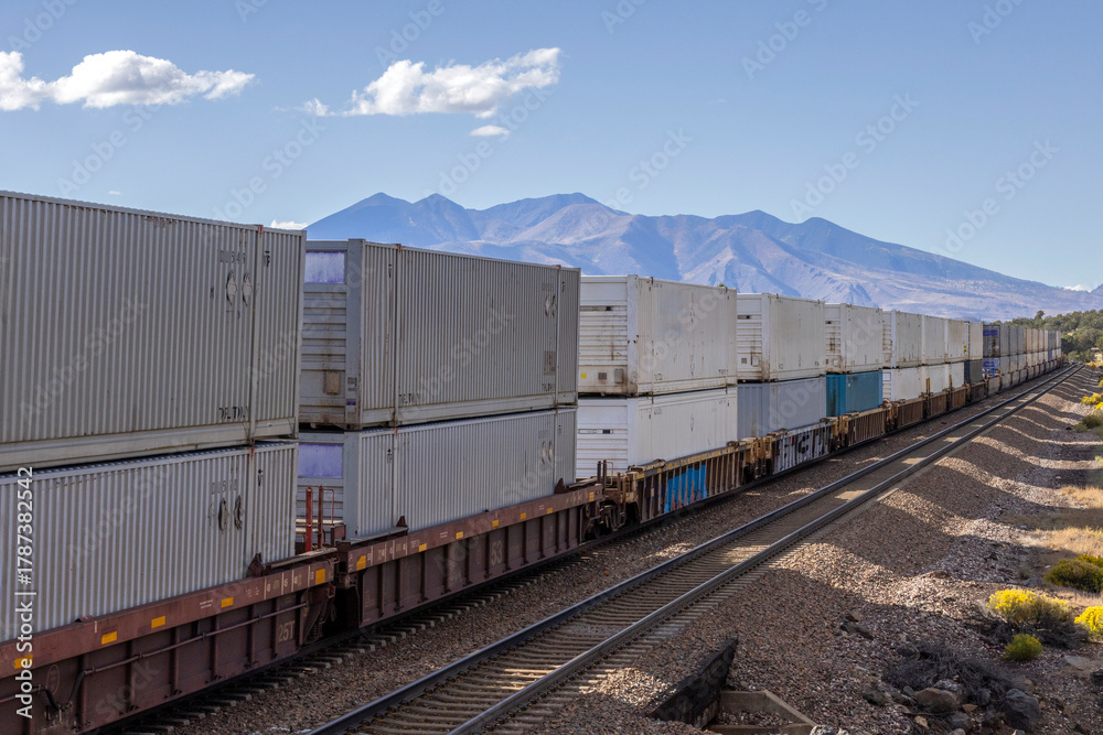 Obraz premium A long container train recedes into the distance towards mountains