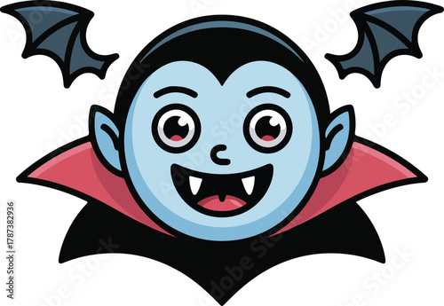 Cute cartoon vampire vector character with bat wings and fangs smiling happily, suitable for Halloween themes