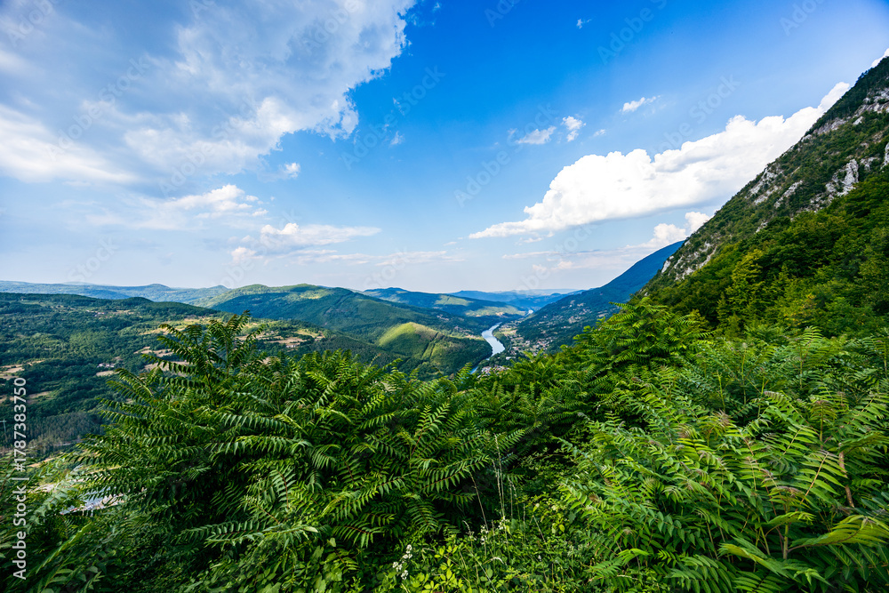 Fototapeta premium Green landscape with clouds and view of tara river
