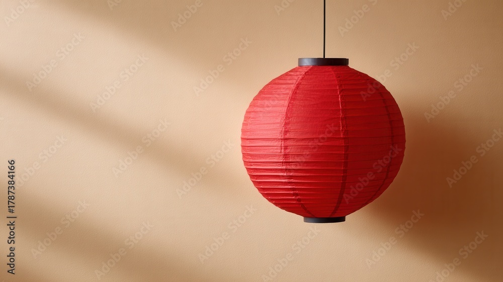 Obraz premium A vibrant red paper lantern suspended from the ceiling, casting soft shadows on a beige wall, creating a warm and inviting atmosphere.