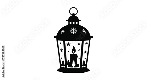 Festive holiday lantern with glowing candle and winter silhouette