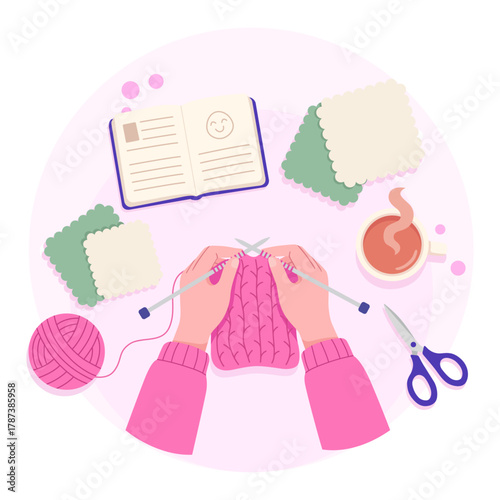 Knitting Illustration with Yarn, Needles, and Tea