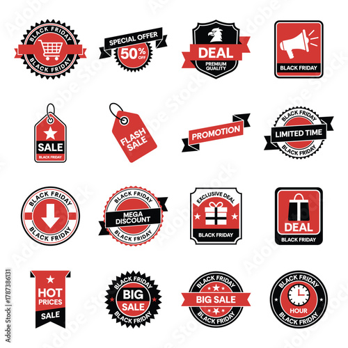 Collection of Black Friday sale icons and badges with various promotional offers and discounts in red and black.