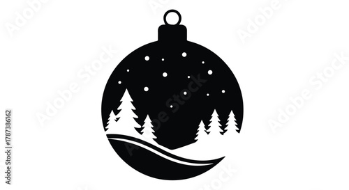 Festive Christmas ornament silhouette showcasing a snowy winter forest scene with scattered stars