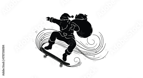 Santa Claus in silhouette performing a skateboard trick with a gift bag