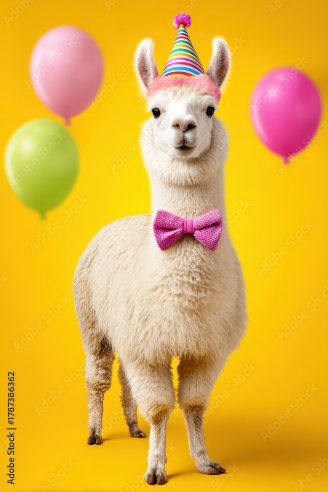 Naklejka premium Smiling llama wearing a colorful party hat and pink bow tie for celebration