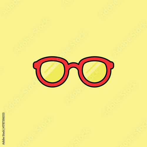 Red rimmed round glasses with yellow lenses on a plain background.